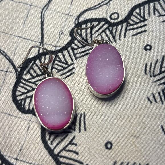 Pink Druzy 925 Sterling Silver Polished Stone Oval Shaped Dangle Earrings - Picture 1 of 6